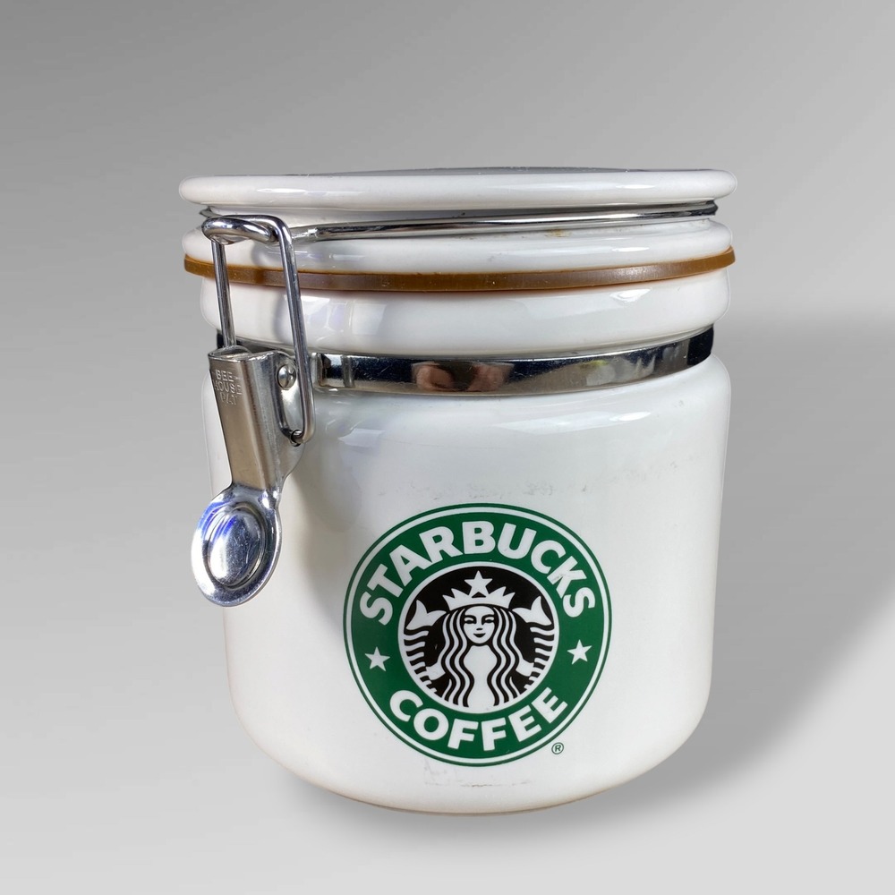 Starbucks Coffee Canister Ceramic Clamp Lid Green Logo 2000s Vintage AS IS READ